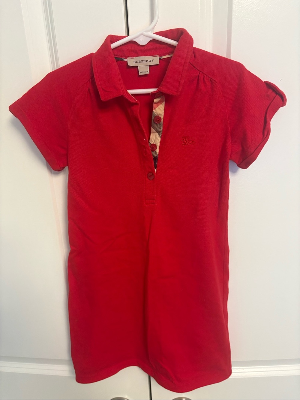 Burberry Red Girls' Polo Dress with Check Trim
